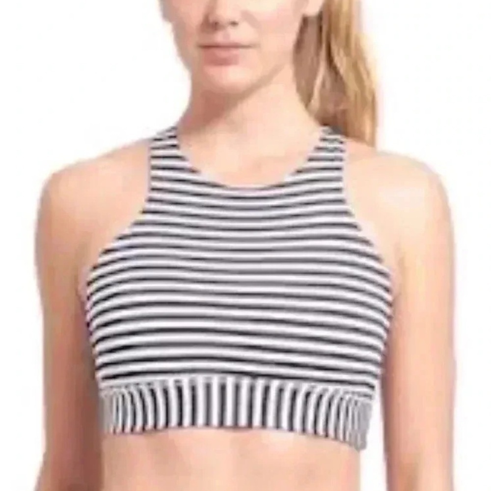Athleta High Moon Sports Bra Stripes Navy Blue White Racerback Size Small Gym
